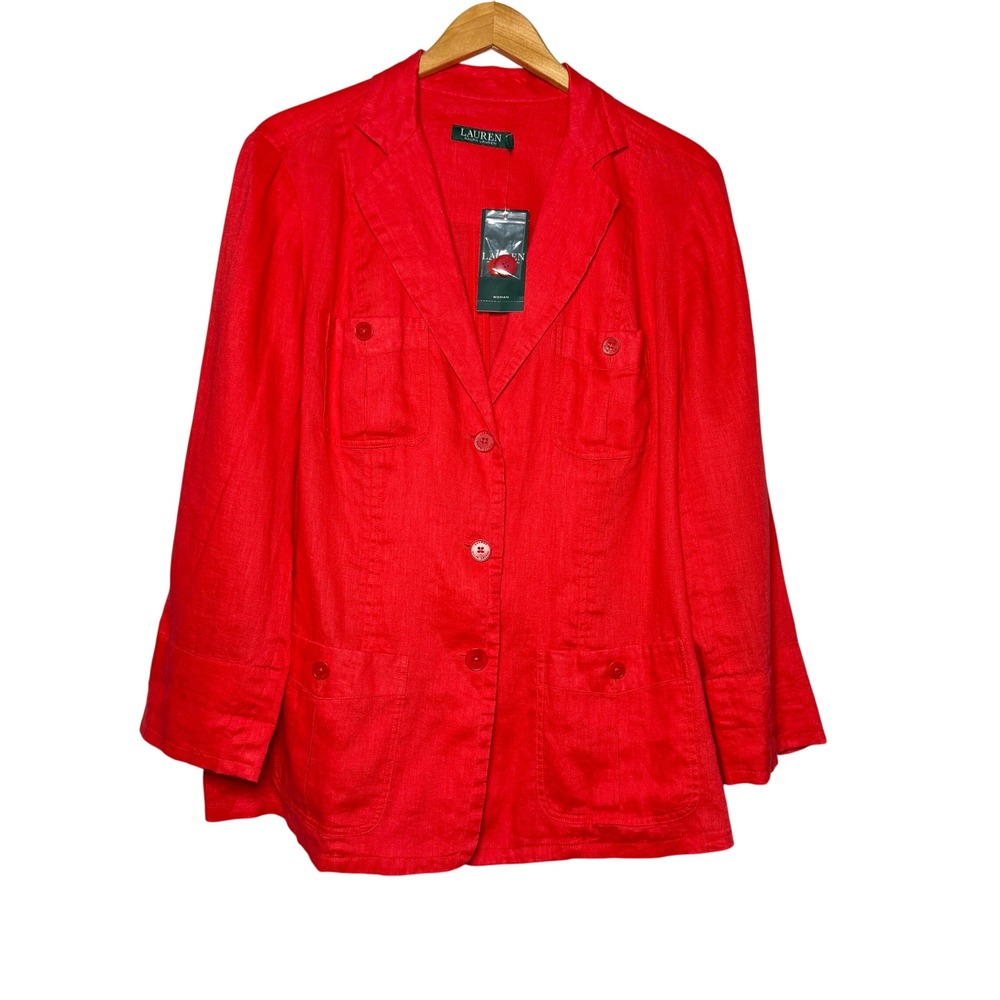 Lauren Ralph Lauren Red 100% Linen Safari Blazer Jacket Plus Size‎ 14W Preppy